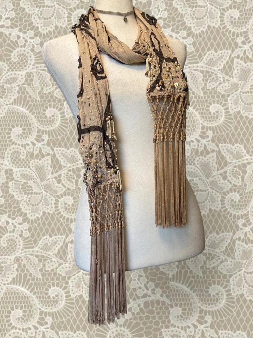 Mary Frances Beige and Brown Beaded Macramé Fringe Scarf
